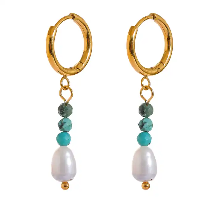 Balance the mind - 18k Drop Earrings with Turquoise and Pearl - Image 3