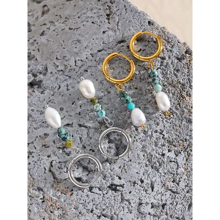 Balance the mind - 18k Drop Earrings with Turquoise and Pearl - Image 4