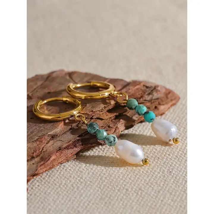 Balance the mind - 18k Drop Earrings with Turquoise and Pearl - Image 5