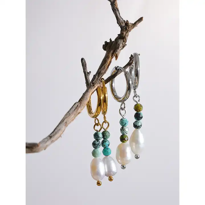 Balance the mind - 18k Drop Earrings with Turquoise and Pearl - Image 7