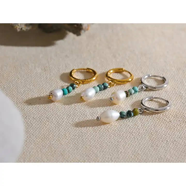 Balance the mind - 18k Drop Earrings with Turquoise and Pearl - Image 9