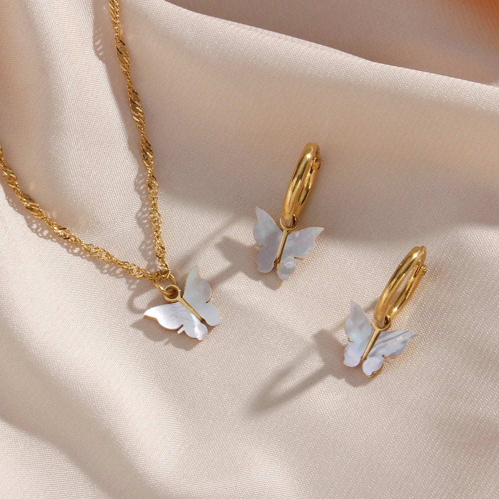 Butterfly Mother of Pearl Necklace and Earrings Set - Image 2