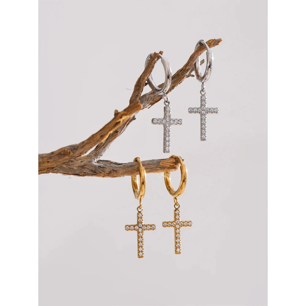 Dainty Cross Earrings Gold / Silver with Crystals - Image 4