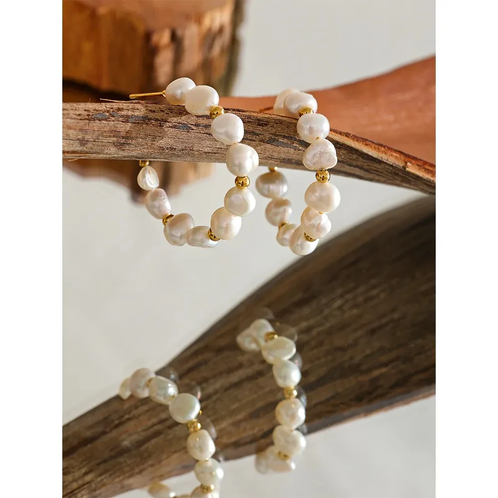 Dreamweave: Irregular Pearl Gold Earrings Hoops - Image 7