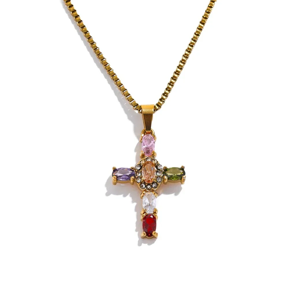 Embrace - Delicate Colourful Cross Necklace Gold/Silver - Image 4