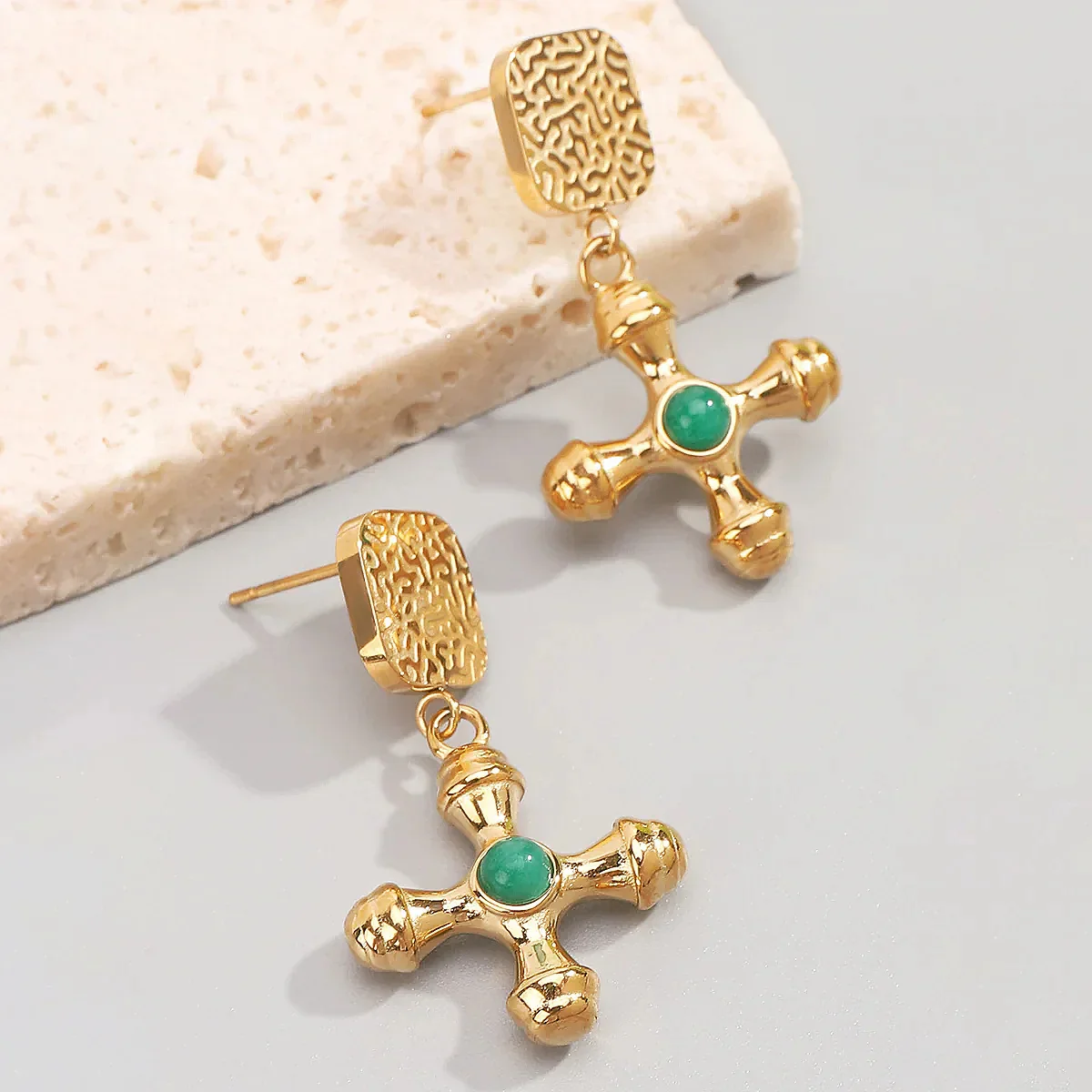 Faith's Embrace - Green Agate Cross Drop Earrings - Image 3