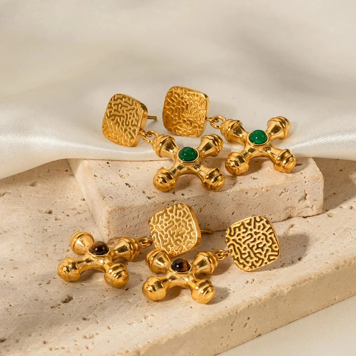 Faith's Embrace - Green Agate Cross Drop Earrings - Image 4