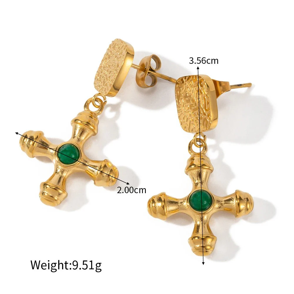 Faith's Embrace - Green Agate Cross Drop Earrings - Image 5