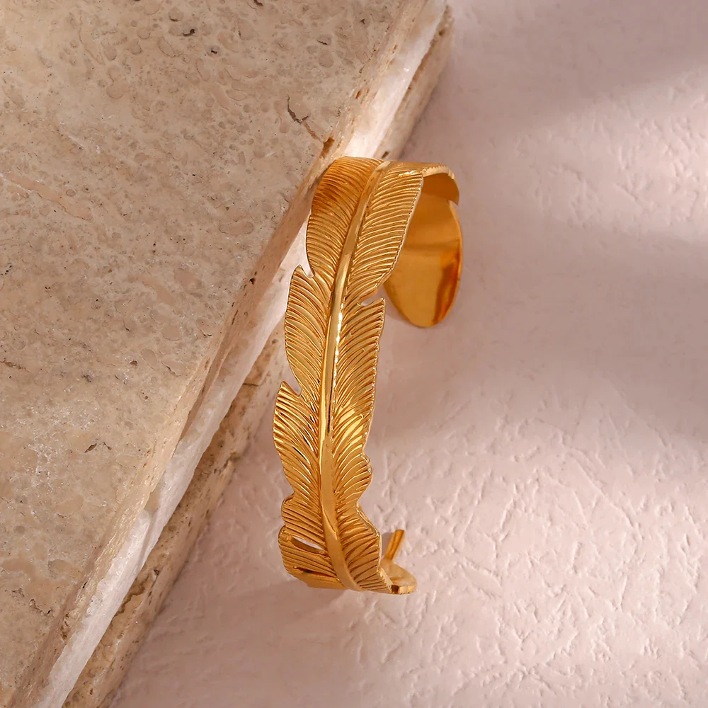 Feather Cuff Gold Bangle Bracelet - Image 4