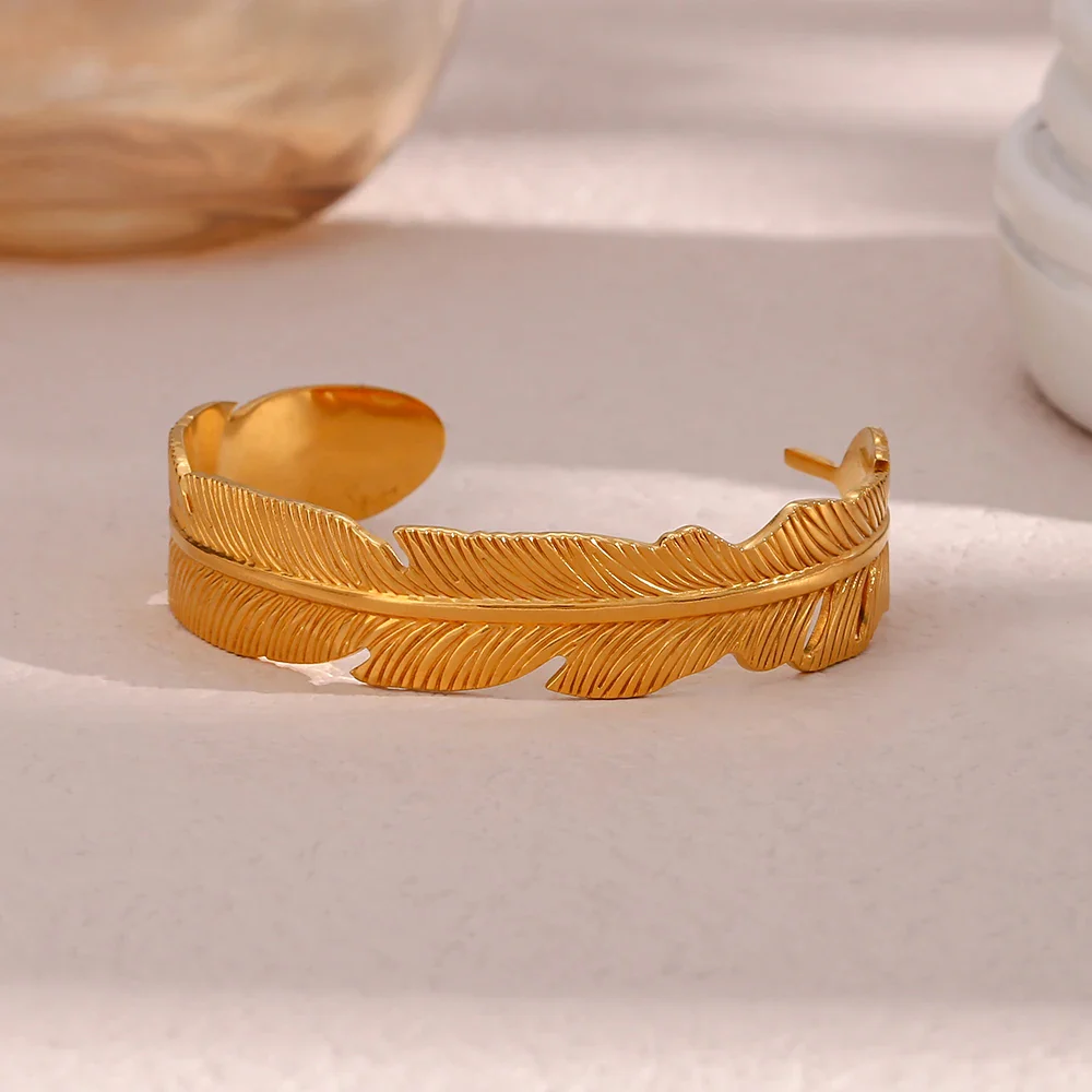 Feather Cuff Gold Bangle Bracelet - Image 5
