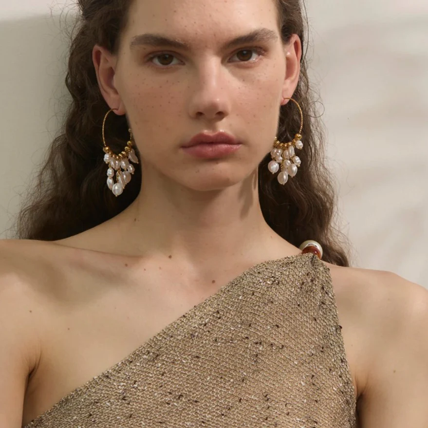 Free Expression - Exaggerated  Drop Earrings with Pearls - Image 2