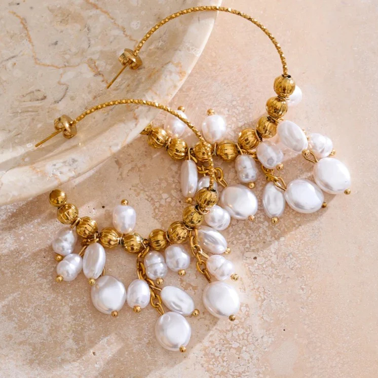 Free Expression - Exaggerated  Drop Earrings with Pearls - Image 3
