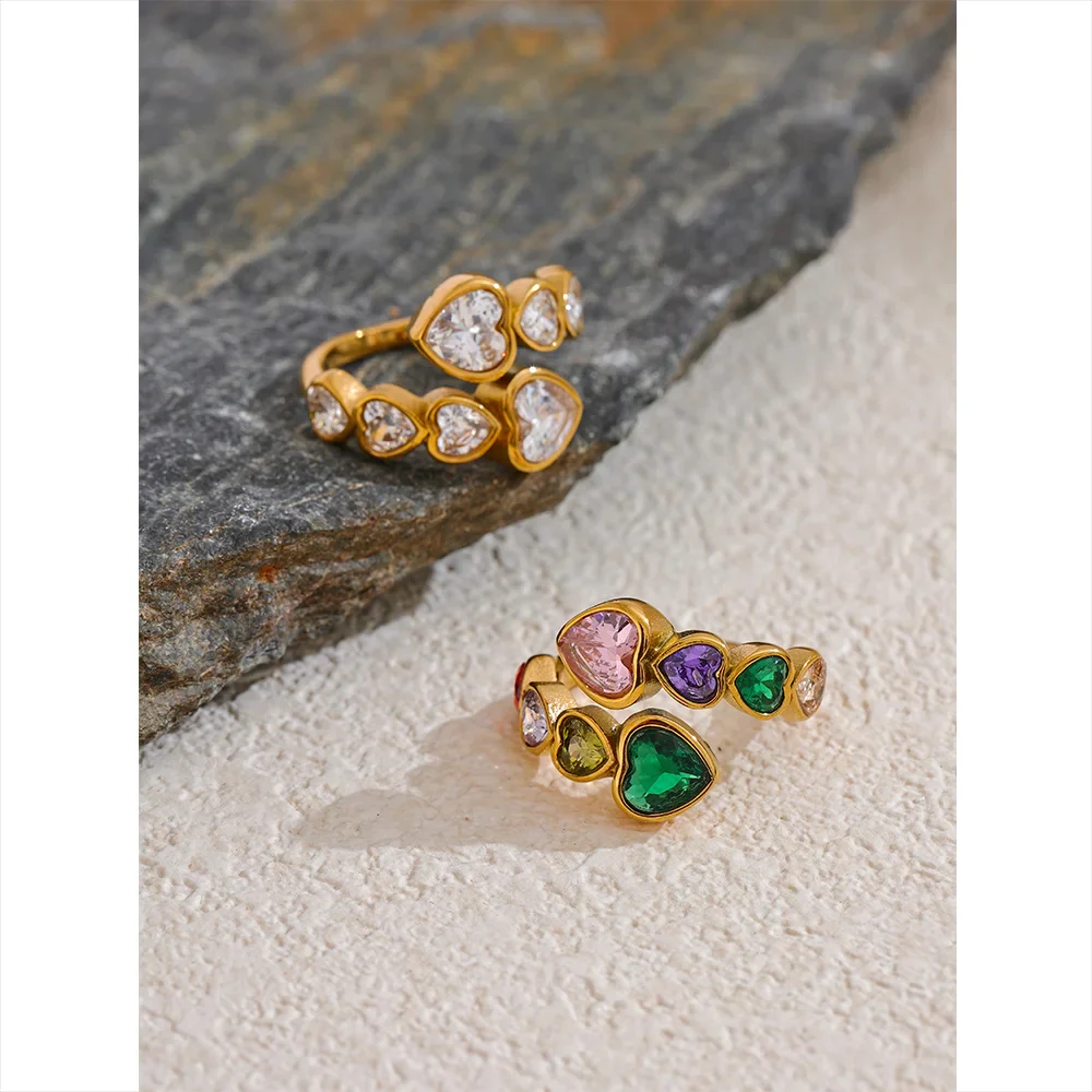 Gold Hearts Ring with Sparkling Colorful Crystals - Image 3