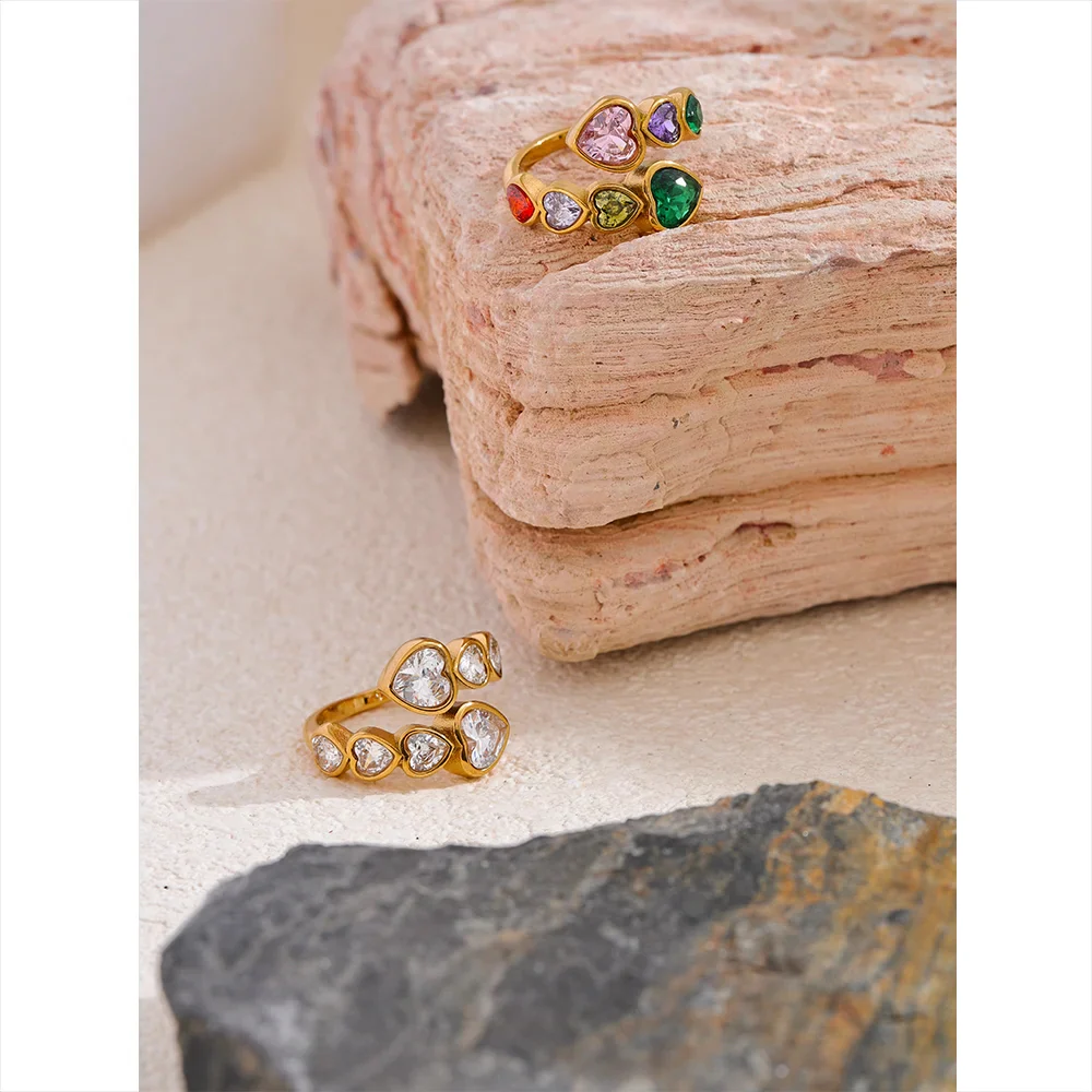 Gold Hearts Ring with Sparkling Colorful Crystals - Image 4
