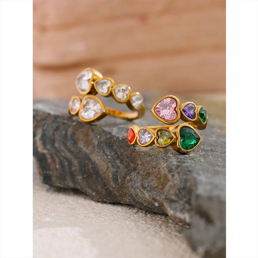 Gold Hearts Ring with Sparkling Colorful Crystals - Image 5