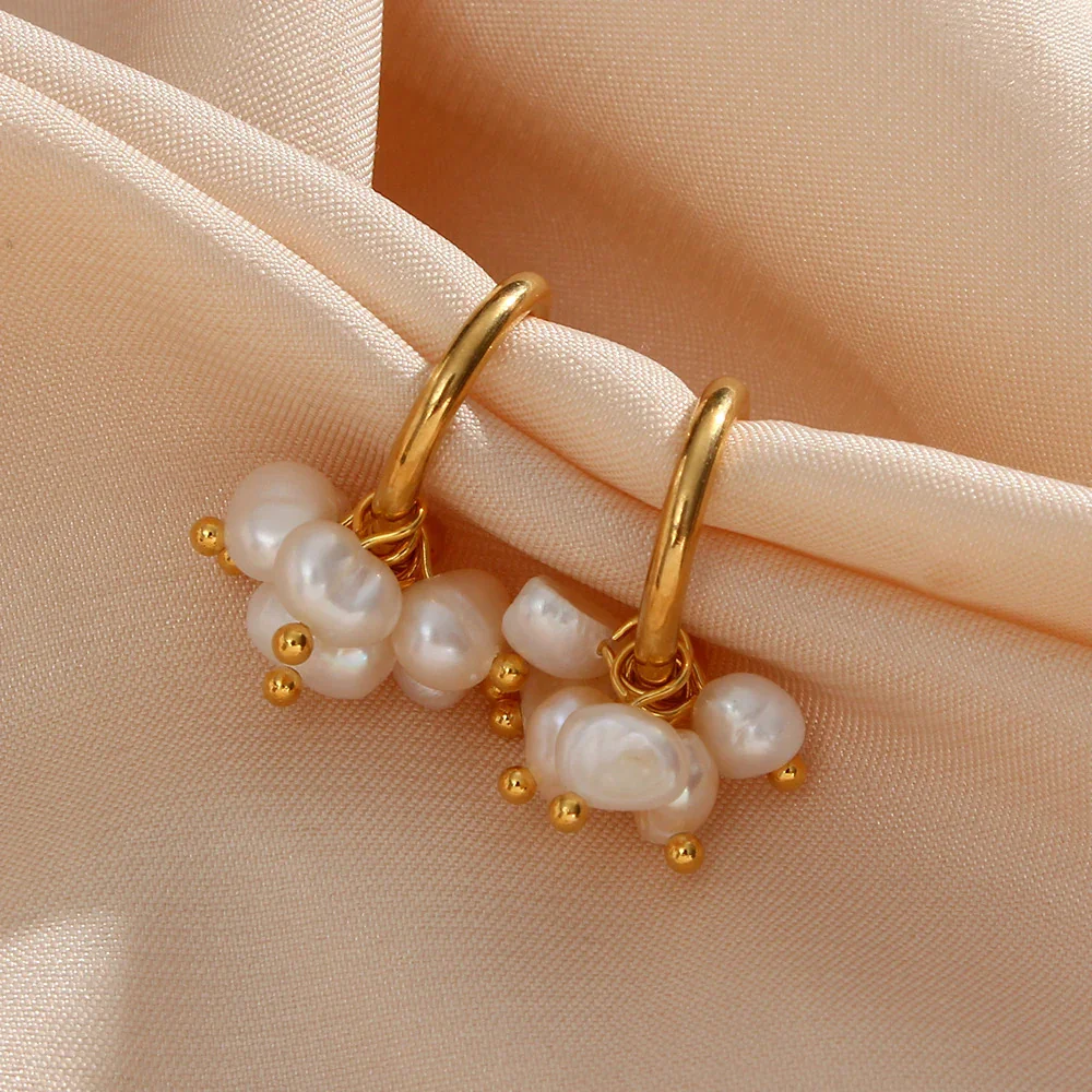 Gold Hoop Earrings with Pearls - Image 3