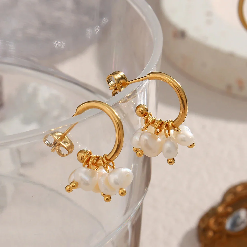 Gold Hoop Earrings with Pearls - Image 4