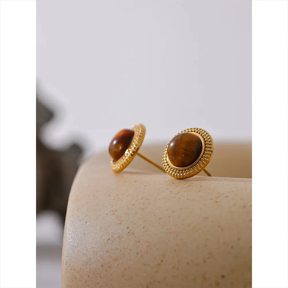 Harness Strength - Gold Stud Earrings with Tiger's Eye - Image 3