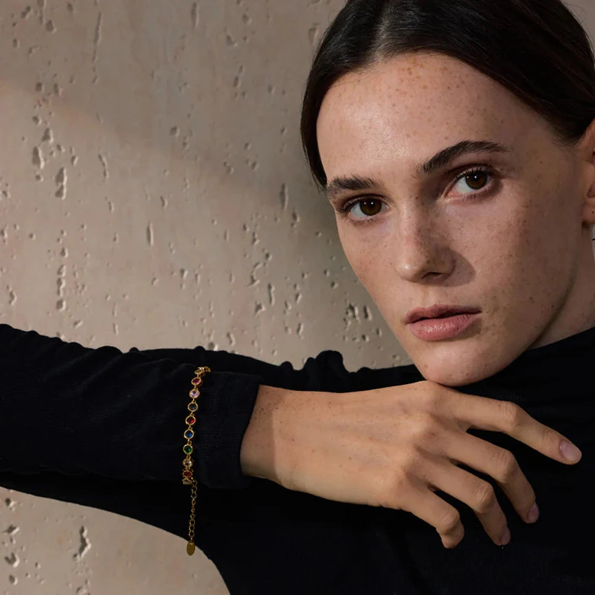 Lumière -  Colourful Round Bezel Gold Bracelet - Image 2