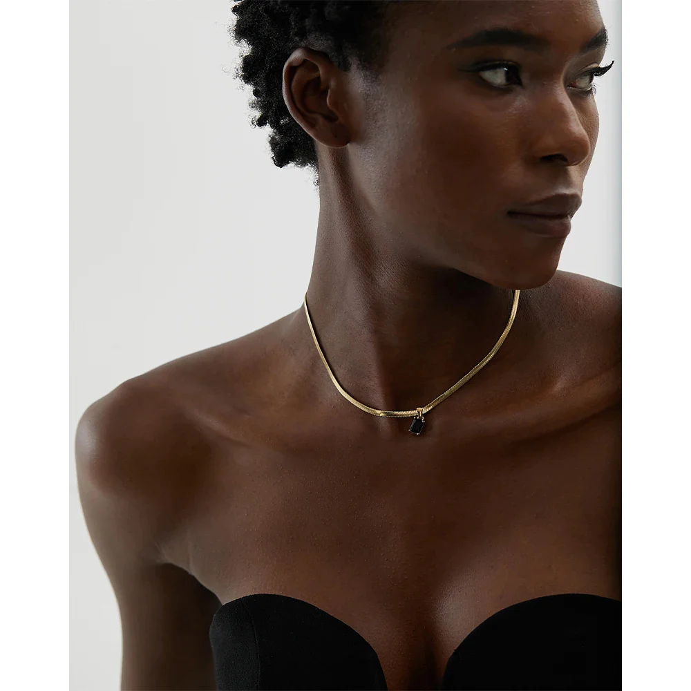 Nova Glow - Gold Flat Snake Necklace with Black Crystal - Image 3