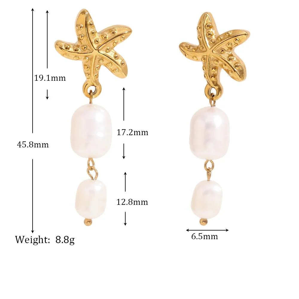 Ocean Treasures - Starfish and Pearls Dangle Gold Earrings - Image 5