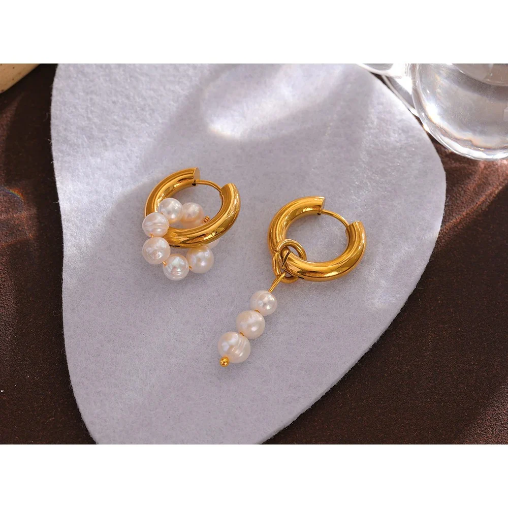 Pearl Cascade: Asymmetric Hoop Dangle Gold Earrings - Image 5