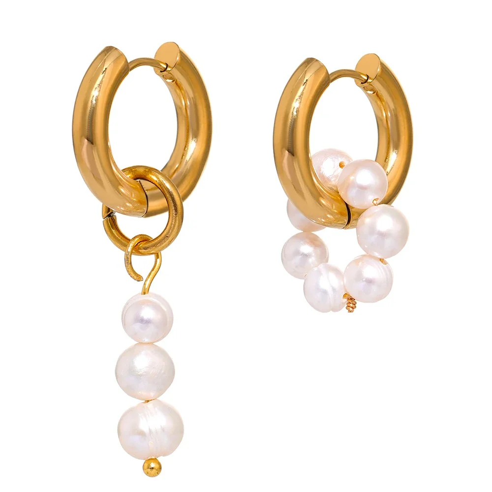 Pearl Cascade: Asymmetric Hoop Dangle Gold Earrings - Image 6