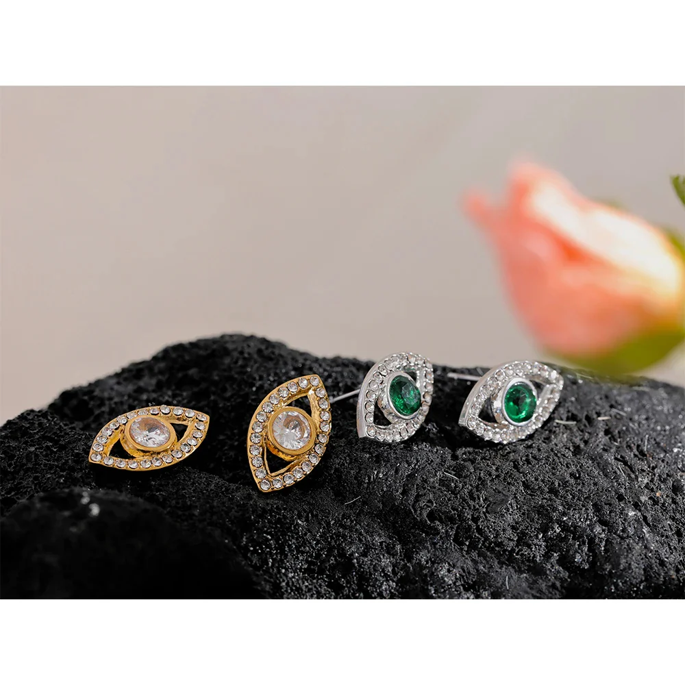 Protective Sparkle: Gold Evil Eye Stud Earrings with Crystals - Image 6