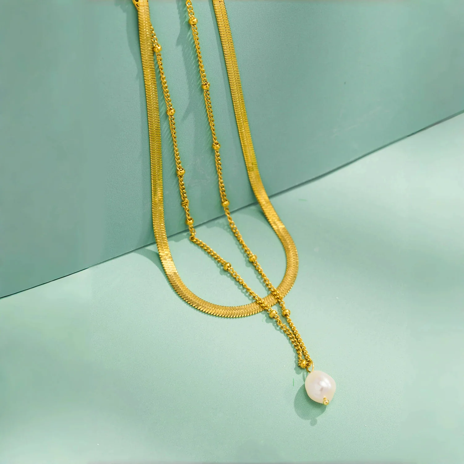 Pure Essence- Pearl Double Layer Gold Necklace - Image 3