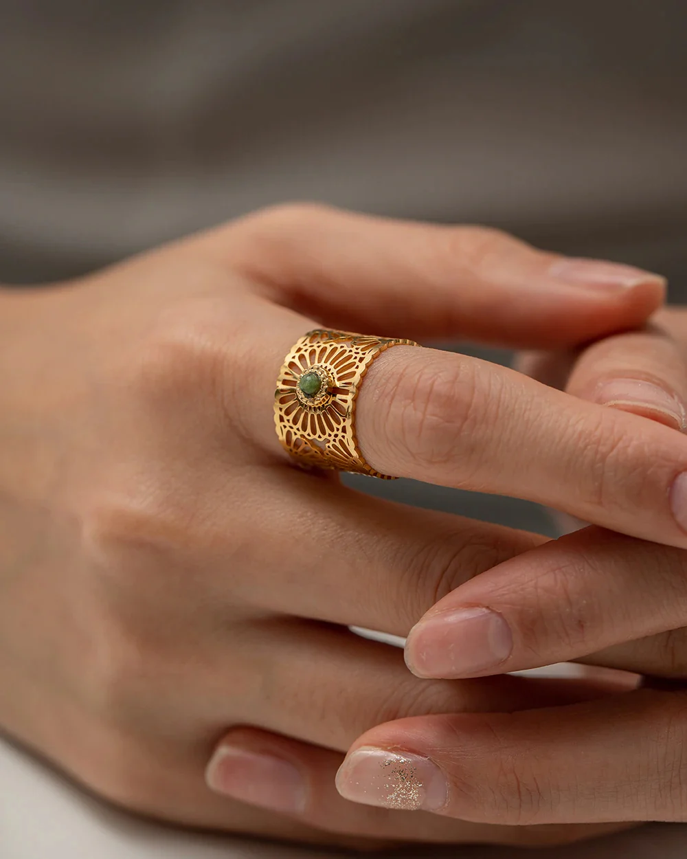 Serenity - Mandala Adjustable Gold Ring with Jasper - Image 2