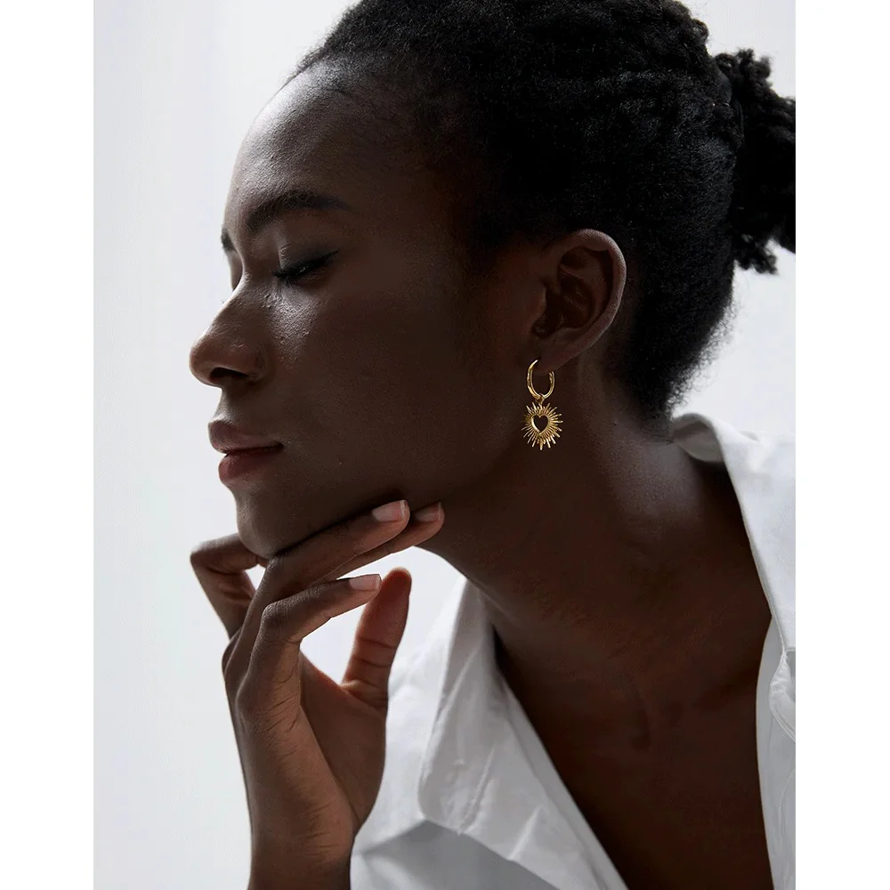 Sun-Kissed Love: Gold | Silver Heart Sun Hollow Drop Hoop Earrings - Image 3