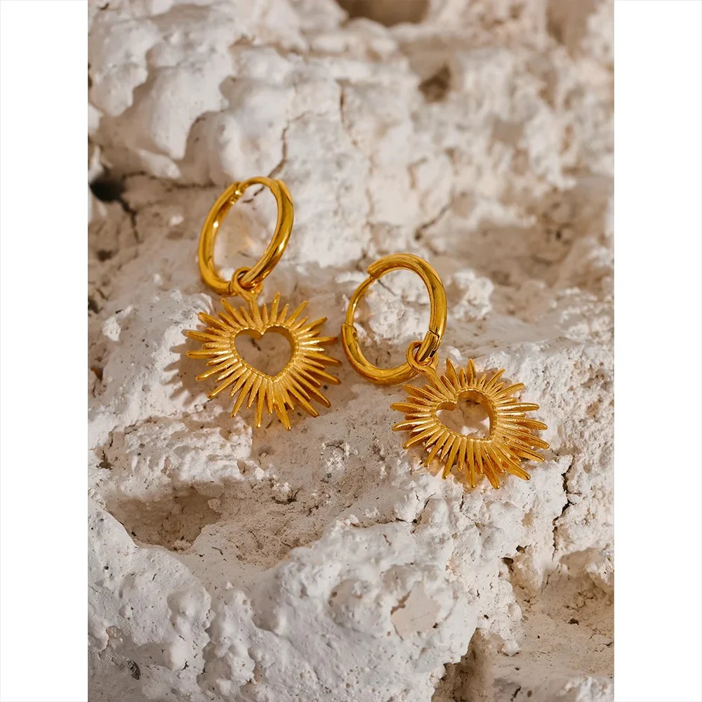 Sun-Kissed Love: Gold | Silver Heart Sun Hollow Drop Hoop Earrings - Image 4