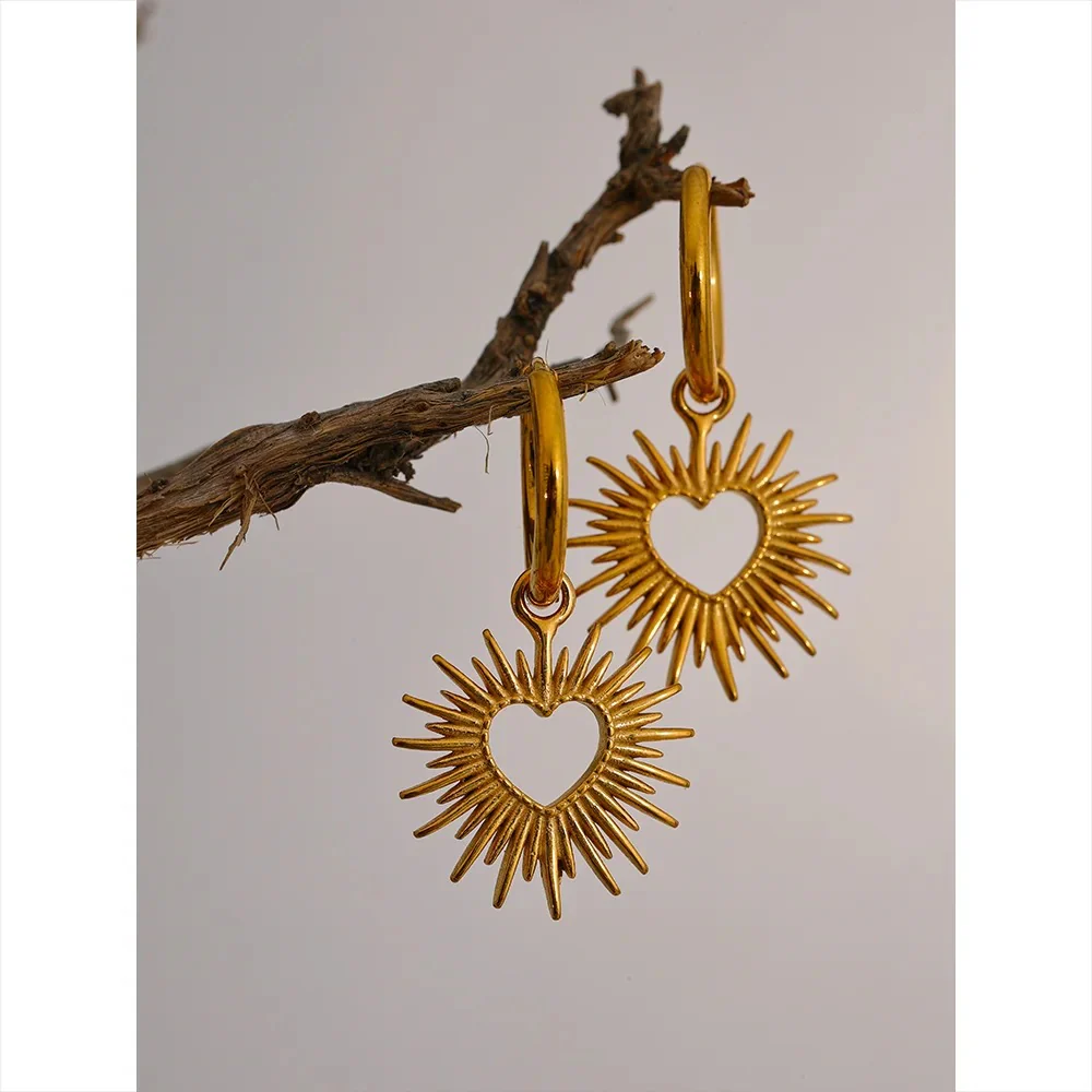 Sun-Kissed Love: Gold | Silver Heart Sun Hollow Drop Hoop Earrings - Image 5