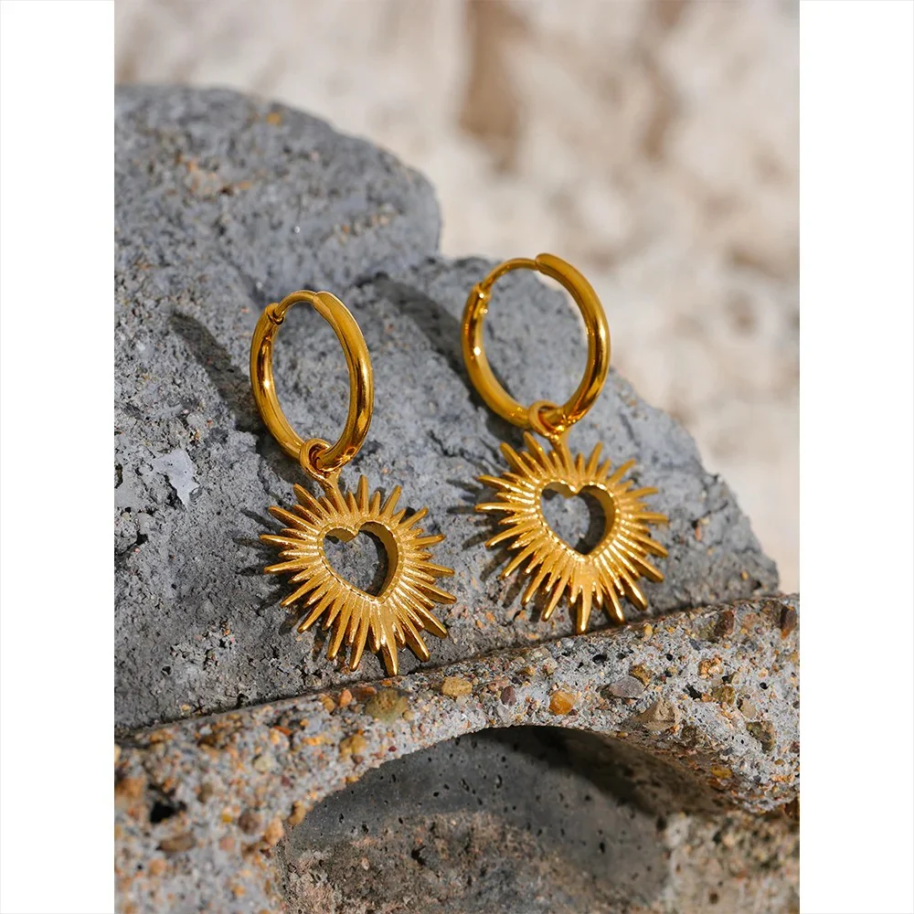 Sun-Kissed Love: Gold | Silver Heart Sun Hollow Drop Hoop Earrings - Image 6