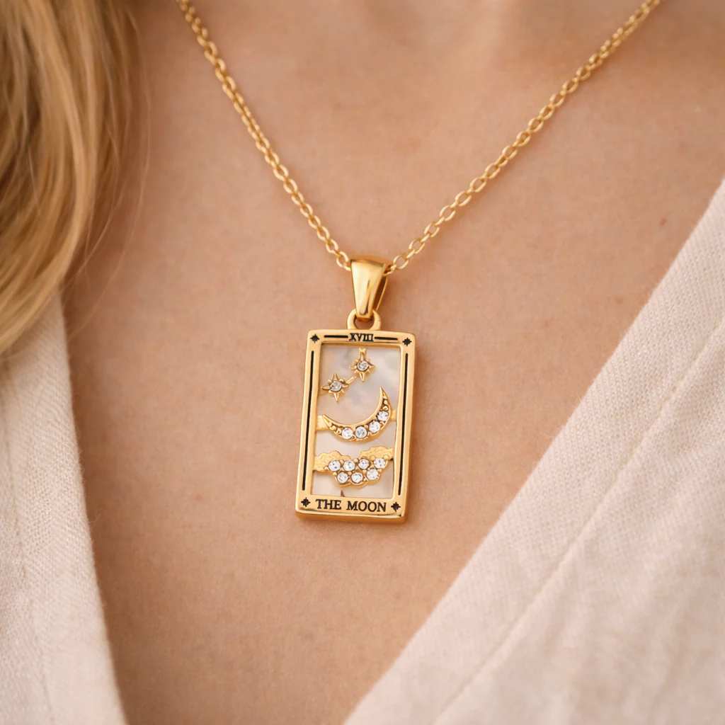 The Moon - Tarot card Dainty 18k Necklace with Silver Enamel - Image 2