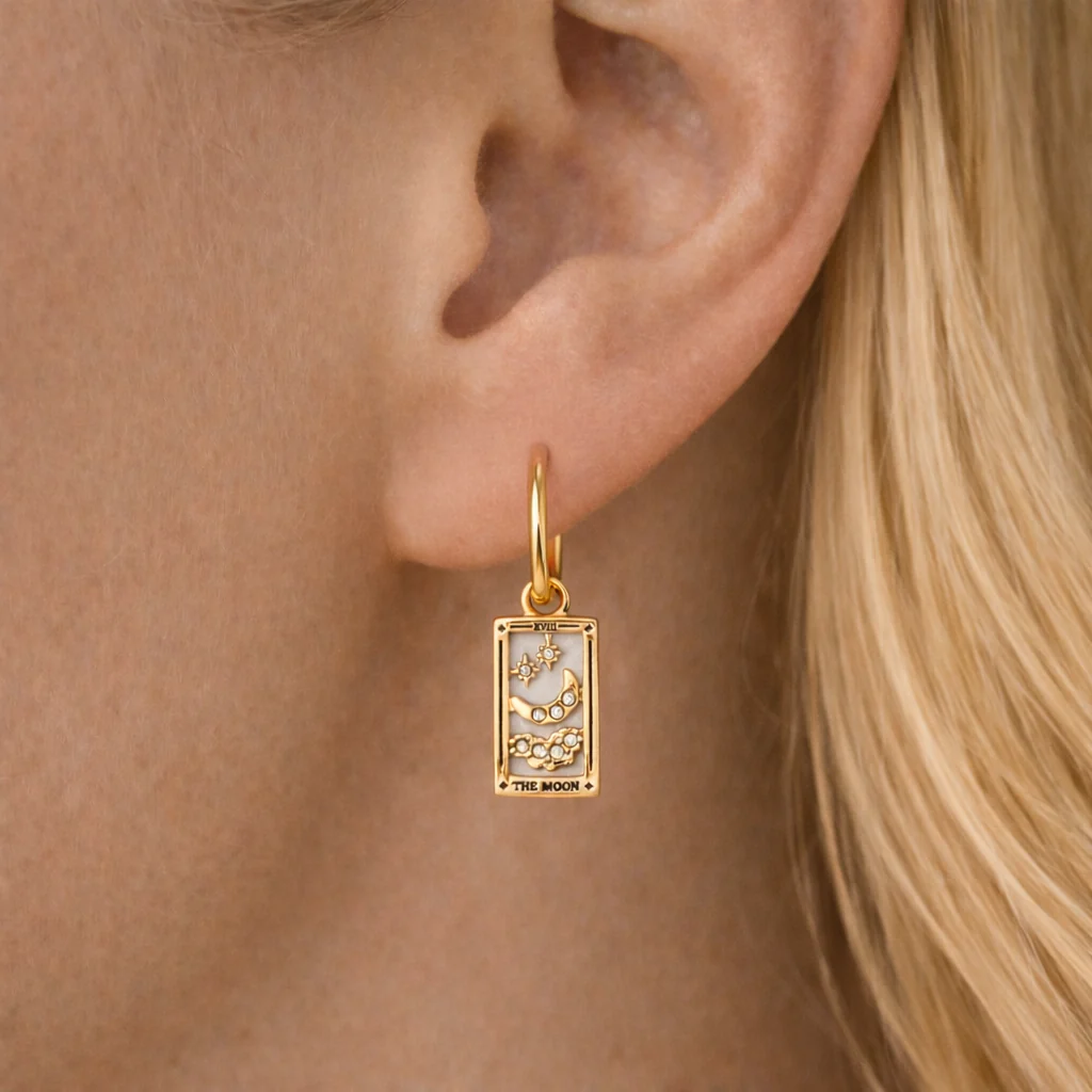 The Moon - Tarot Card Gold | Silver Hoop Earrings - Image 2